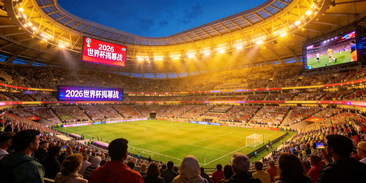2026世界杯揭幕战球场全景，灯光璀璨座无虚席，全球瞩目